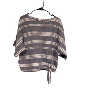 BEACH LUNCH LOUNGE Top S Linen Cotton Striped Knot Tie Blouse Dolman Sleeve Blue